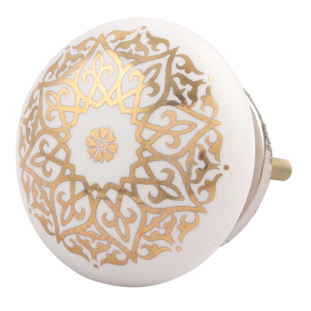 Golden Floral Pattern Flat Ceramic Cabinet Knob